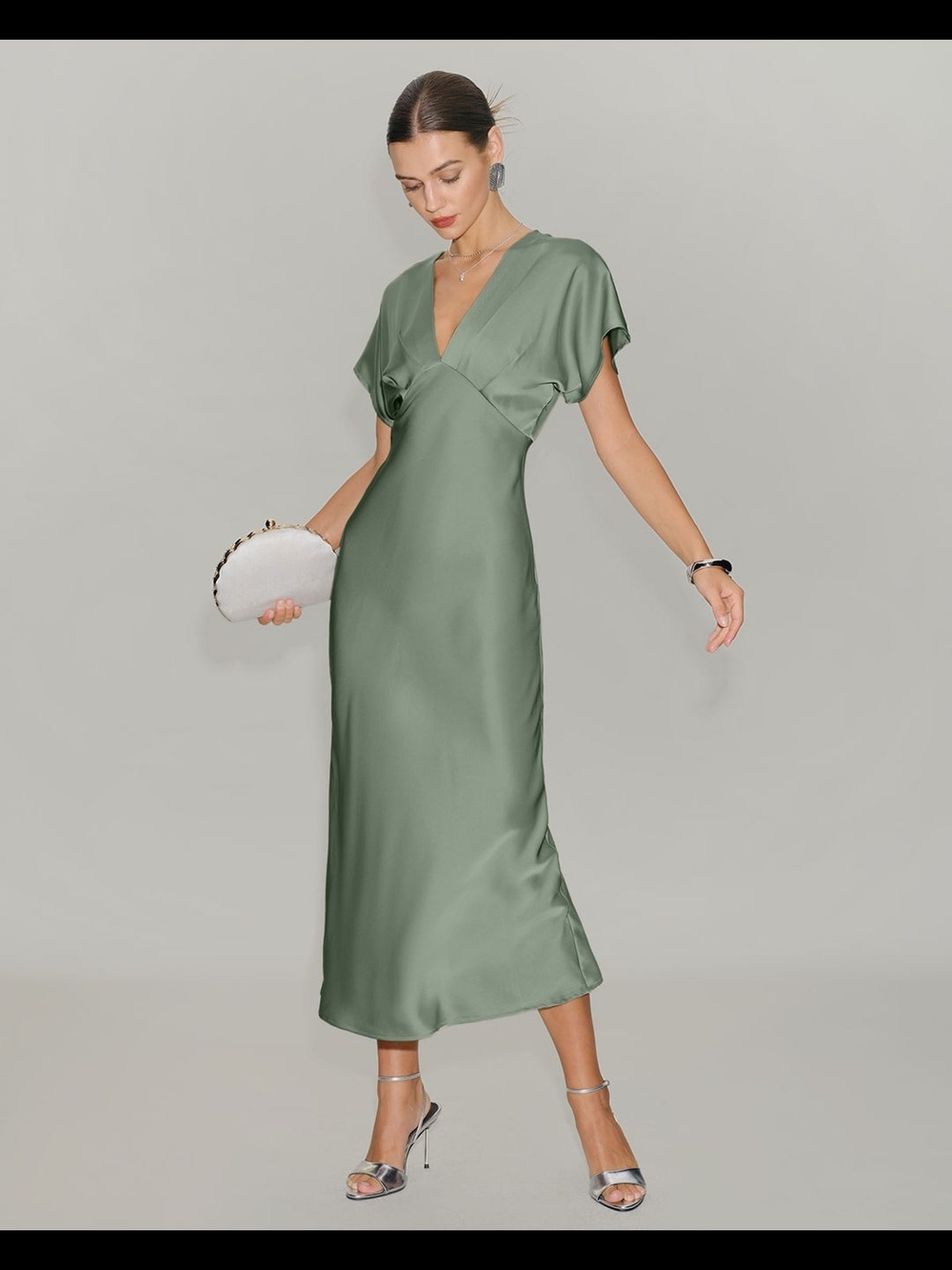 bebe Olive Green Satin V-Neck Midi Dress